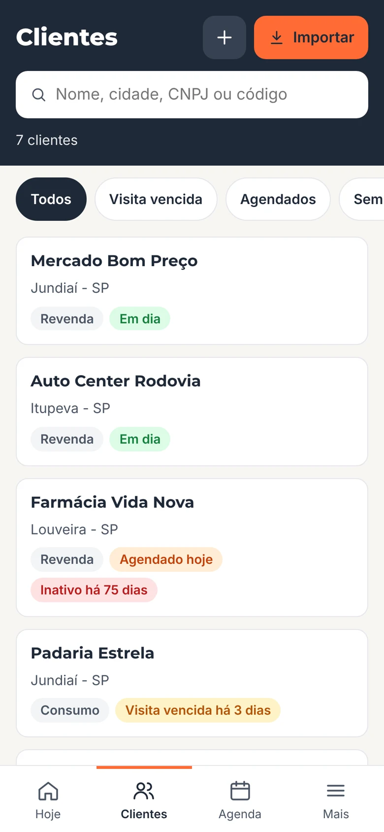 Tela da carteira de clientes com a situação de cada um